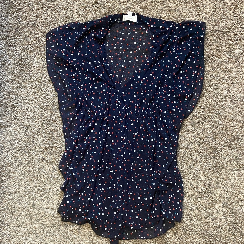 ☀️ 🇺🇸 Navy Polka Dot V-Neck Sheer Blouse with Flutter Sleeves